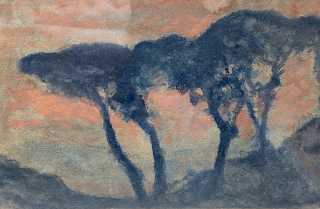 Attributed to Jean-Francis Auburtin (1866-1930), watercolour, ‘Arbes Au Soleil Couchant’, Galerie De la Poste label verso, 34 x 50cm